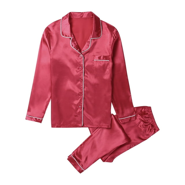 Women Silk Satin Pajamas Set Two-Piece Long Sleeve Long Button-Down Solid Color Sleepwear Loungewear