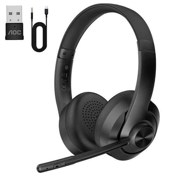 AOC Wireless Headset with AI Noise Cancelling Microphone for Work, Bluetooth 5.4 & Dongle & Wired Headphones, Lightweight On-Ear Headphones for Mac, Computer, Laptop, Phone, Zoom, Call Center, Black