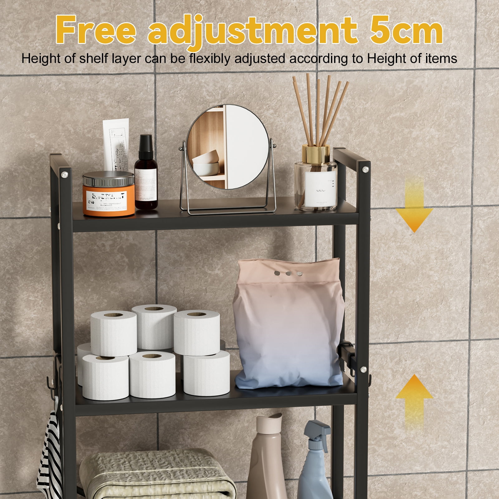 Demete 3 Tier Over The Toilet Storage Shelf, Freestanding Carbon Steel Bathroom Organizer Rack, Adjustable Space Saving Storage 19.69 x 7.87 x 64.96 inch