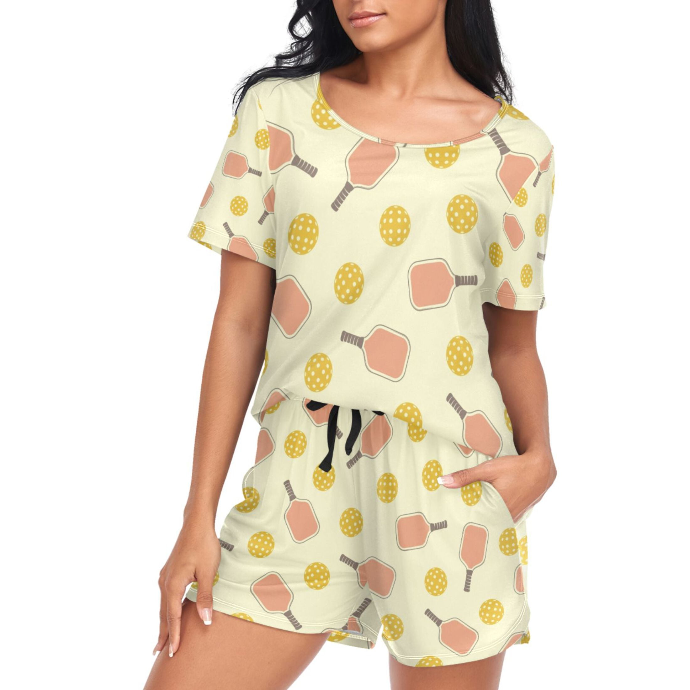 joogoo Women's Pajama Set Yellow Pickleball Balls Short Sleepwear Loungewear with Pockets S