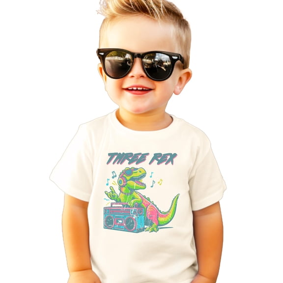Three Rex Shirt for Boys DJ Dinosaur Birthday Shirt for Toddler Natural Shirt 3T