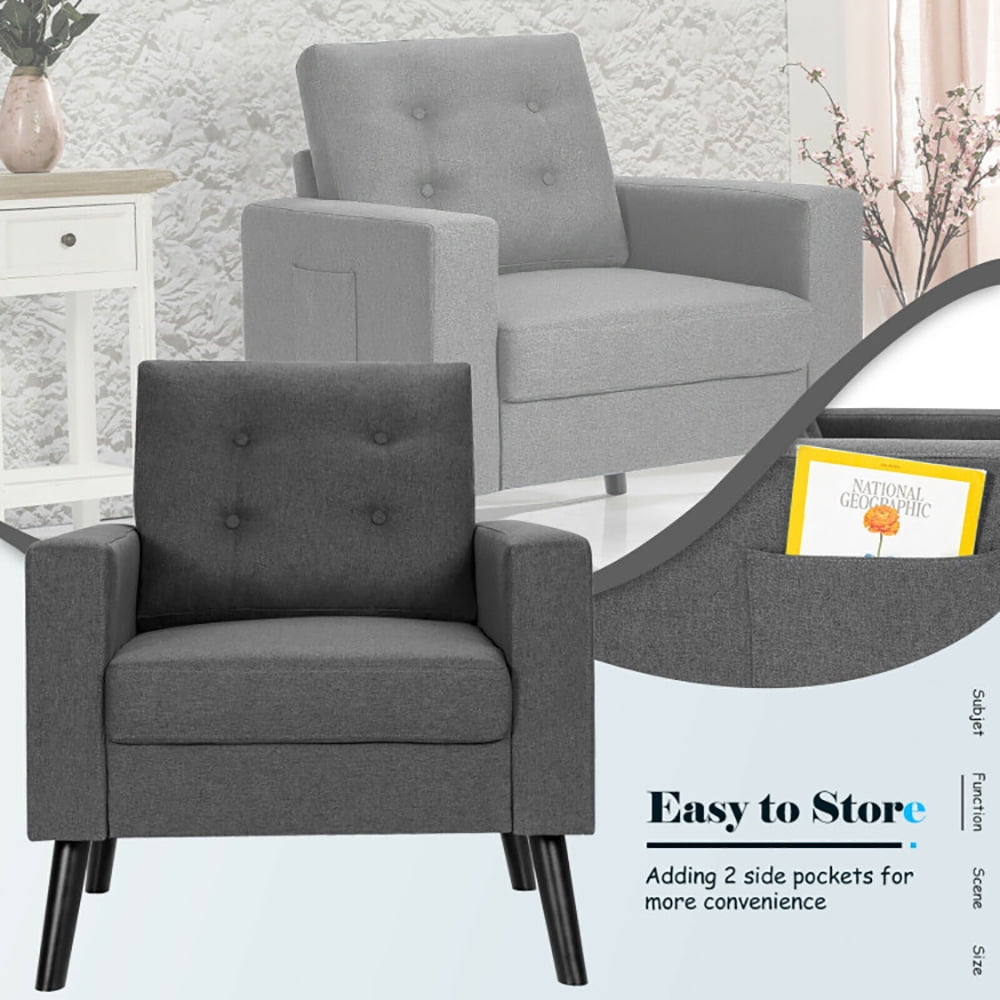Finihen Upholstered Armchair Chair, Mid-Century Upholstered Armchair Club Chair with Rubber Wood Legs, for Living Room, Bedroom, Gray