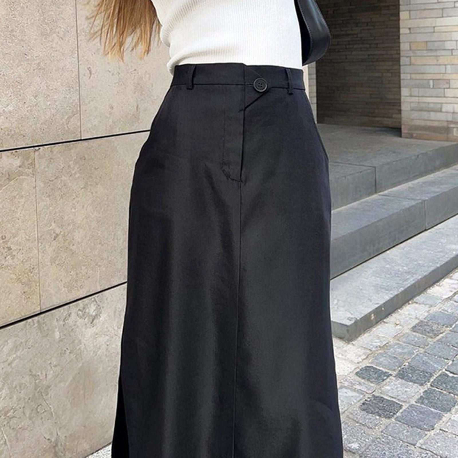 Cathalem Long Denim Skirts for Women High Waist Pleated A Line Flowy Swing Asymmetric Tiered Maxi Long Skirt Dress With Pockets Black M