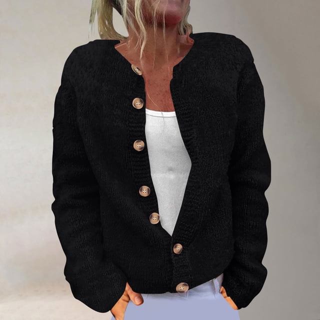 Cárdigan de mujer Cárdigan de manga larga con botones de color liso Chaqueta de punto Top de poliéster para mujer