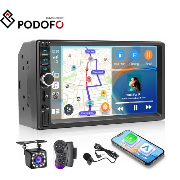 Podofo 7 in Double Din Car Stereo Radio with Wield Apple CarPlay and Android Auto Backup Camera