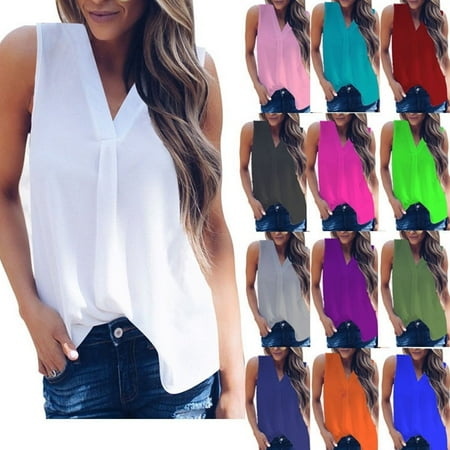 - Women Summer Solid Color V-neck Chiffon Tops Sexy Sleeveless Pleated T-shirt Blouse