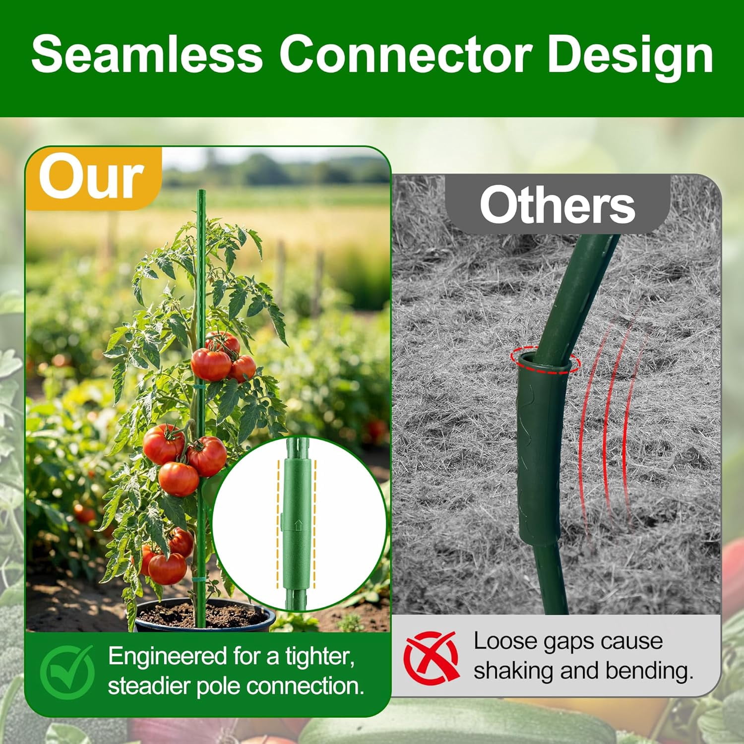 Garden Stakes16 Inch 24 Pack, Tomato cage DIY 4ft 5ft 6ft 7ft 8ft Plant Support Stakes with Connectors and Clips, Plastic Coated Metal Sticks for Tomato Indoor Outdoor
