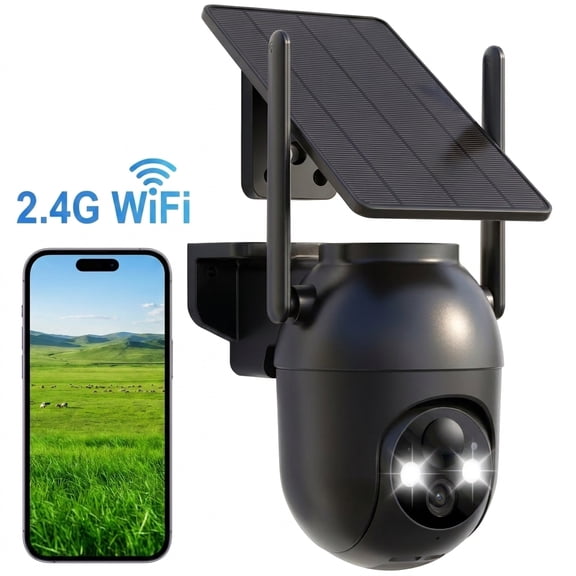 Security Cameras Wireless Outdoor WiFi, Solar Battery Powered, 360° View, AI Human Detection, Color Night Vision, 2-Way Audio, Real-Time Alerts, IP66 Waterproof, SD/Cloud Storage Black