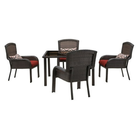 Hanover Outdoor Strathmere 5-Piece Dining Set with 48" Square Table, Crimson Red/Aged Barrel