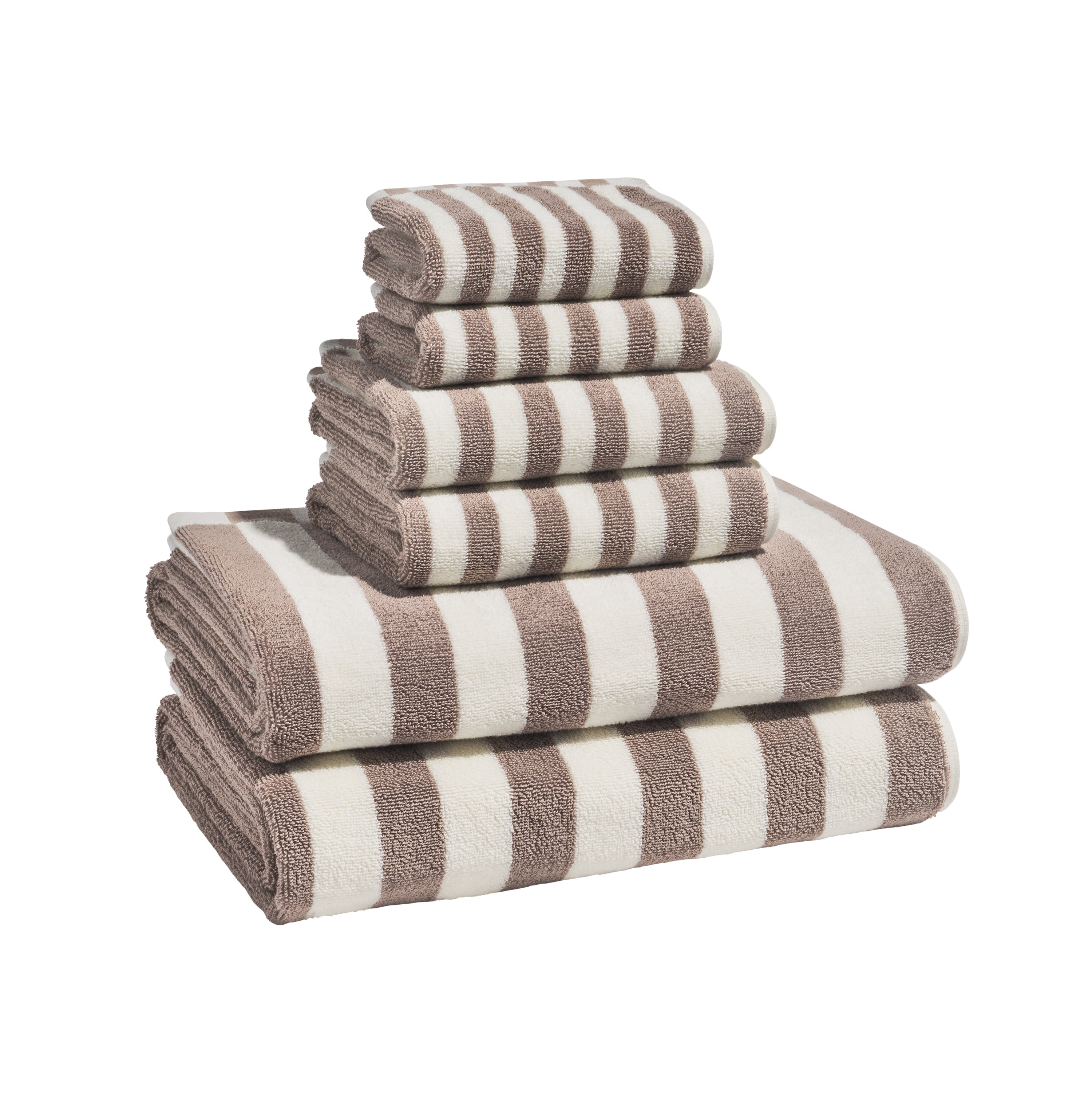 Beautiful by Drew Barrymore 6-Piece Stripe Hem Bath Towel Set, Soft 100% Cotton, Taupe