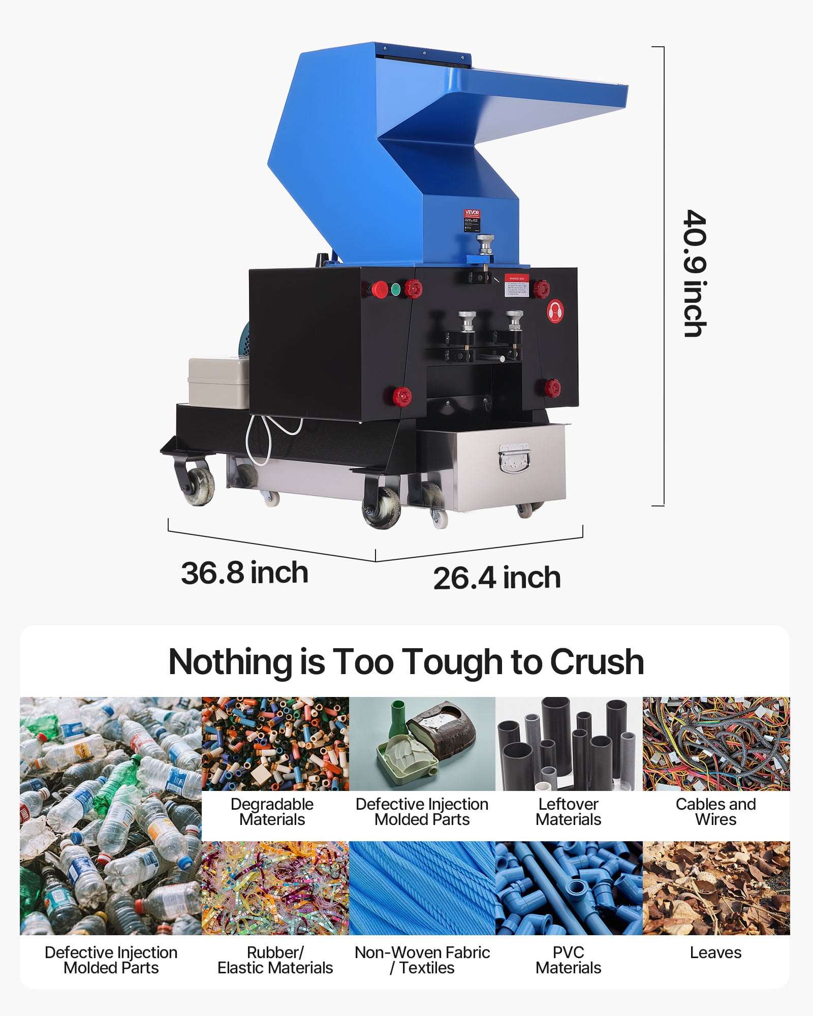 VEVOR Plastic Shredder Crusher,5.5HP/4.0KW Plastic Bottle Grinder Granulator, 150-200kg/h Capacity Pulverizer Recycling Machine with Wheels,SDK-11 Blade & 8mm Mesh for PVC PTFE (220V 60Hz 3-Phase)