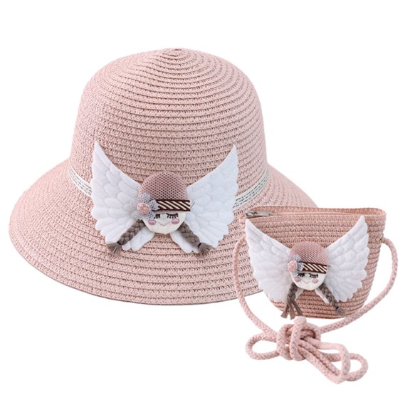 56-58cm hat circumference female summer straw hat sun hat cute sunscreen sun hat and straw bag set - pink