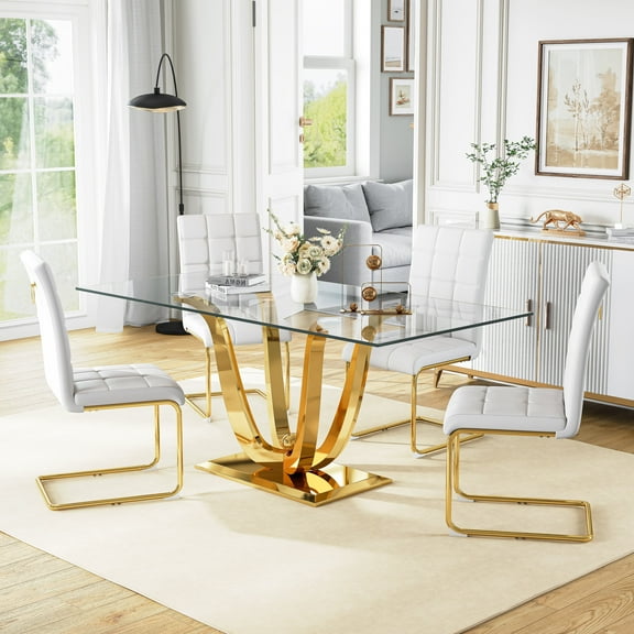 Modern Glass Dining Table Set of 5, 70" Rectangular Tempered Glass and U-Shaped Stainless Steel Base with 4 PU Leather Cantilever Chairs, for Kitchen, Living Room, Apartment