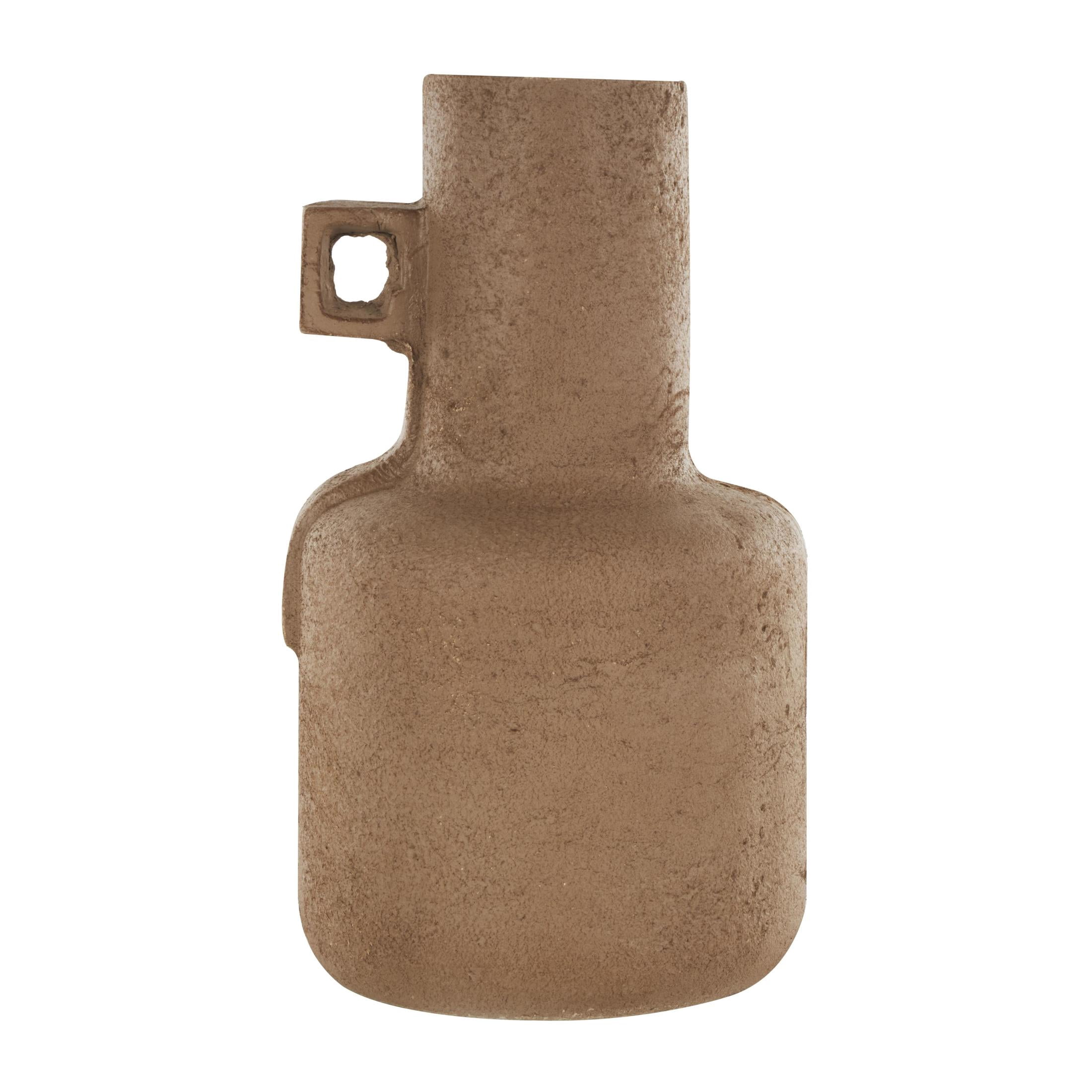DecMode 15" Abstract Distressed Textured Brown Paper Mache Vase with Geometric Handle