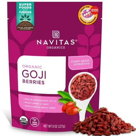 Navitas Organics Goji Berries - For SMRSmoothies, Trail Mix, Goods, Oatmeal & More - Vitamin A, Antioxidants, Fiber - Wolfberry - USDA Organic, Non GMO, Gluten Free, Vegan (8oz. Bag, 8 Servings)