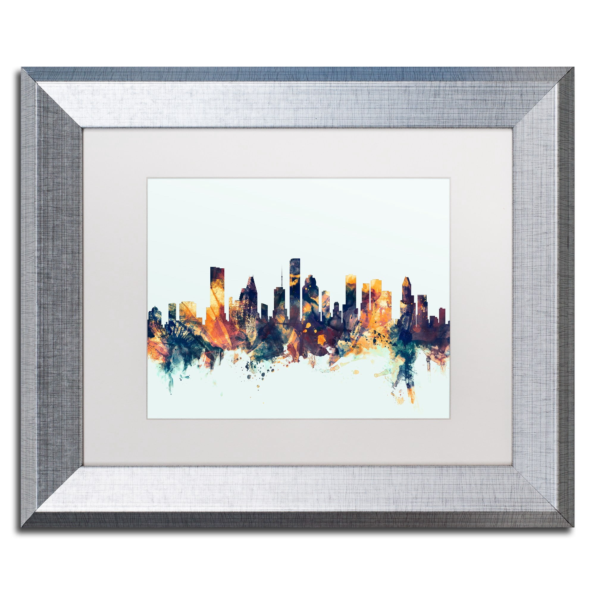 Trademark Fine Art "Houston Texas Skyline Blue" Canvas Art by Michael Tompsett, White Matte, Silver Frame