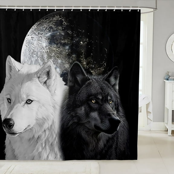 Black and White Wolf Fabric Shower Curtain for Wolf Lovers Shower Curtain, Moon Wolves Design Bathroom Shower Curtain Sets Adults 3D Digital Animal Bathroom Accessories 72"Wx78"L