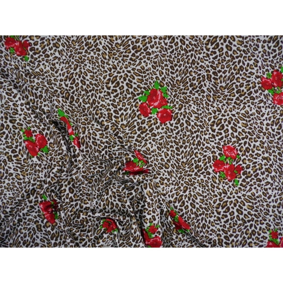 Printed DTY Spandex Stretch Apparel Fabric Brown Cheetah Red Rose Floral B308