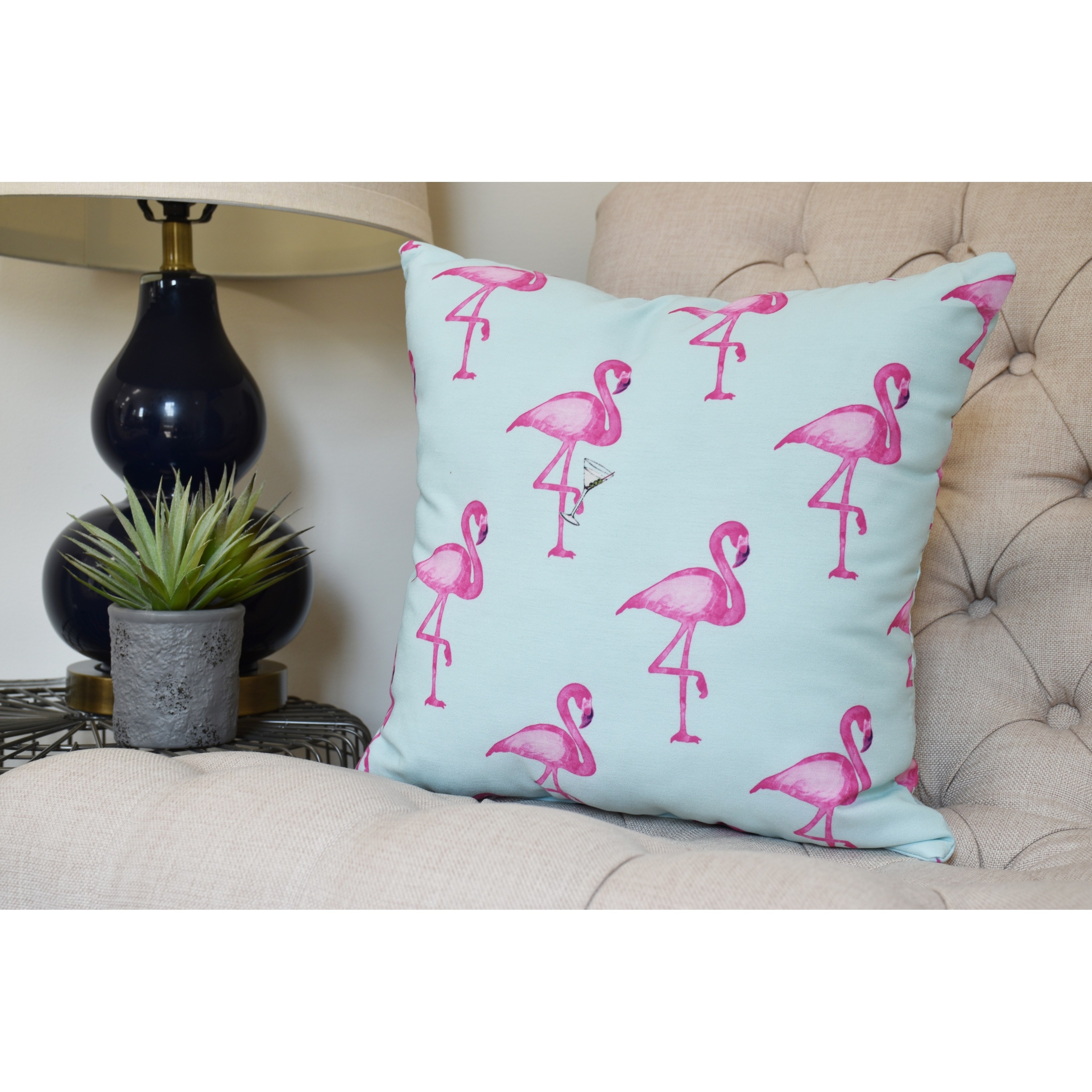 Simply Daisy, 26 x 26 inch, Flamingo Fanfare Martini Animal Print Pillow, Yellow
