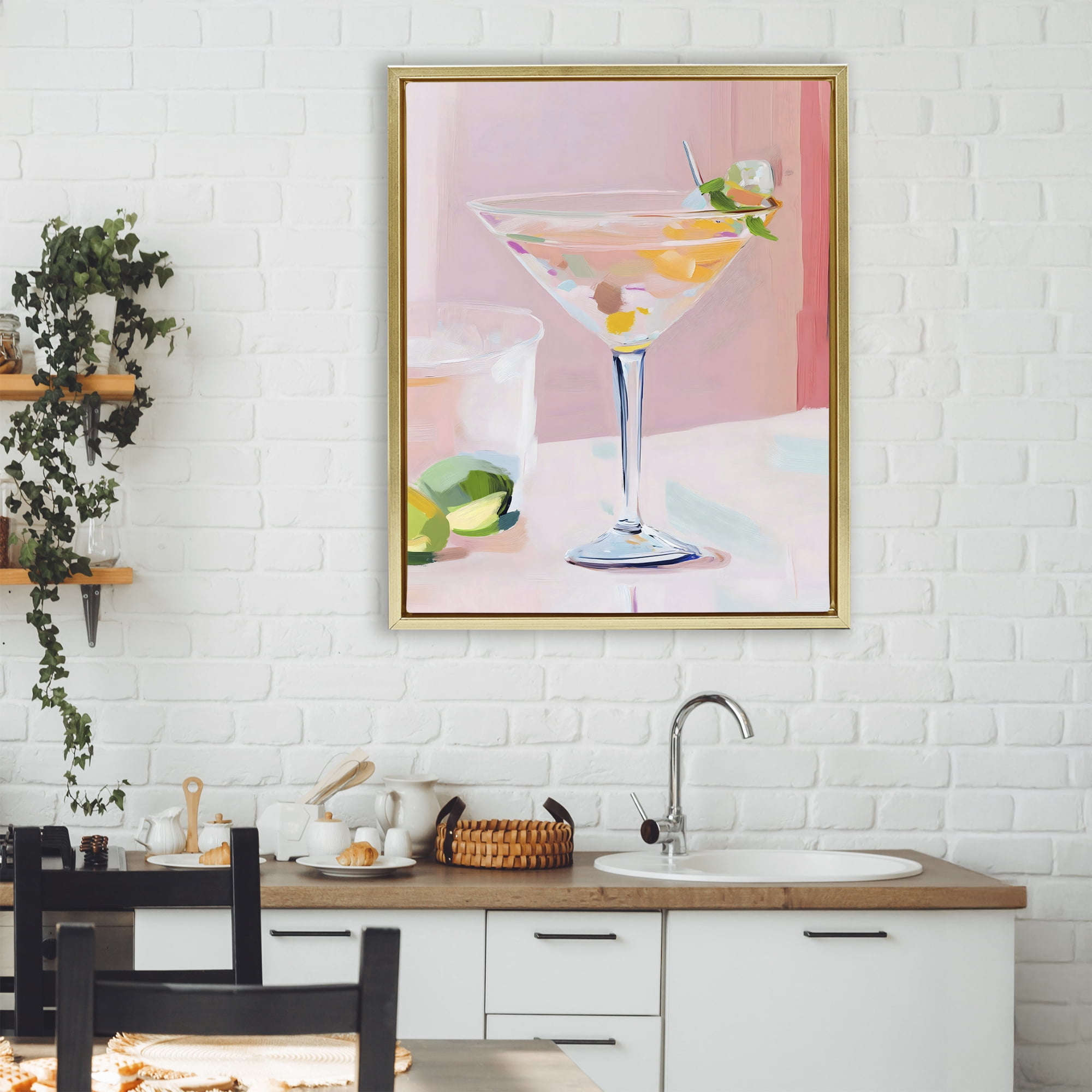 Stupell Industries Pink Martini Bar with Lime Gold Framed Floater Canvas Wall Art, design by The Prints Vibe