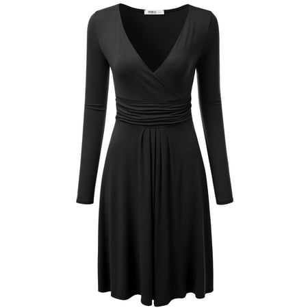 - Doublju Women's Long Sleeve V-Neck Crossover Banded-Waist Skater Dress BLACK S