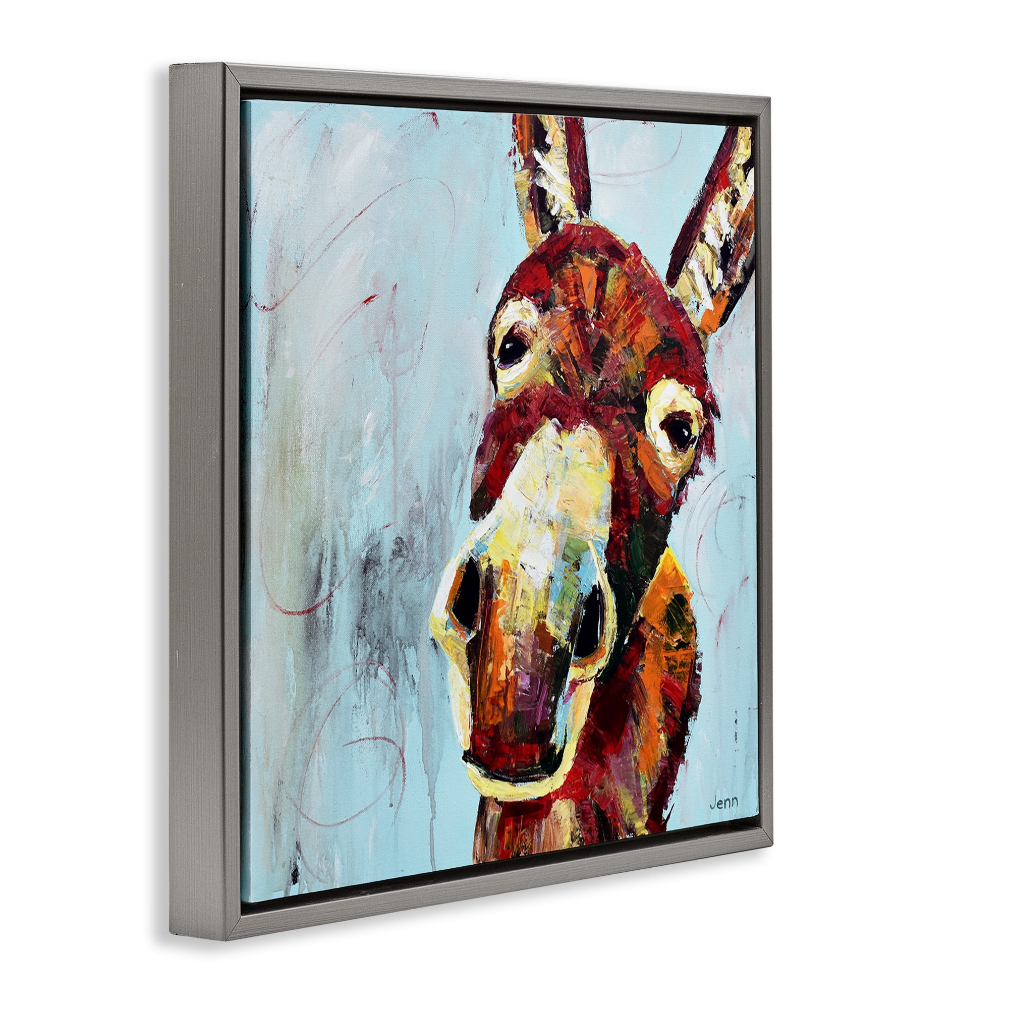 Stupell Industries Donkey Face Blue Background Animals & Insects Painting Gray Floater Framed Canvas Art Print Wall Art, 25 x 25
