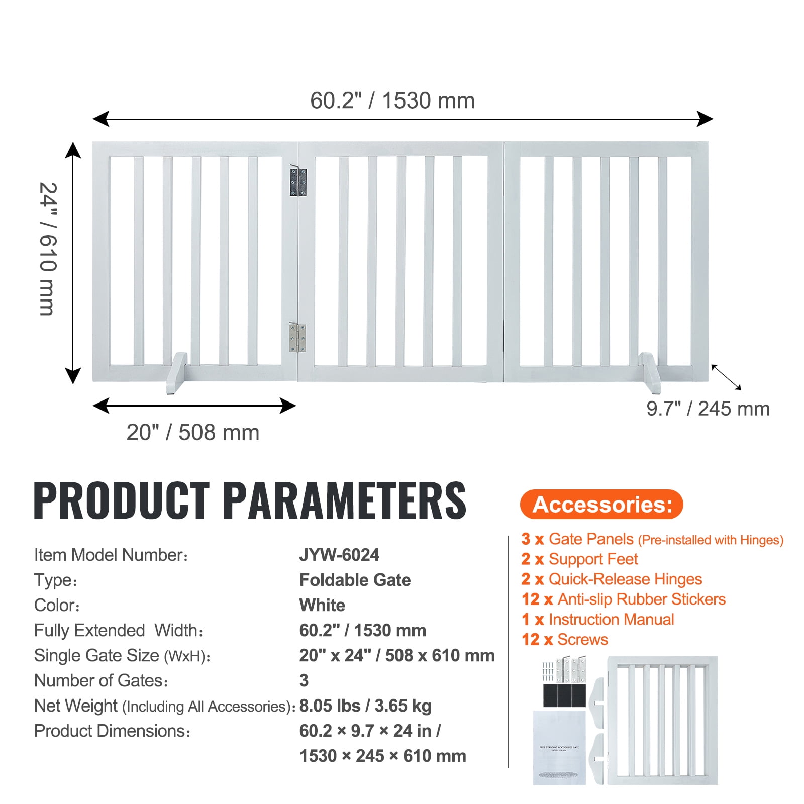 KFFKFF 24x60 inch Free Standing Dog Gate Freestanding Pet Gate Foldable White