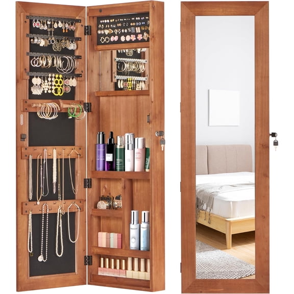 Solid Wood Jewelry Armoire Organizer Cabinet with Full-Length Mirror, 47x14in Wall-Mounted Lockable with LED Light