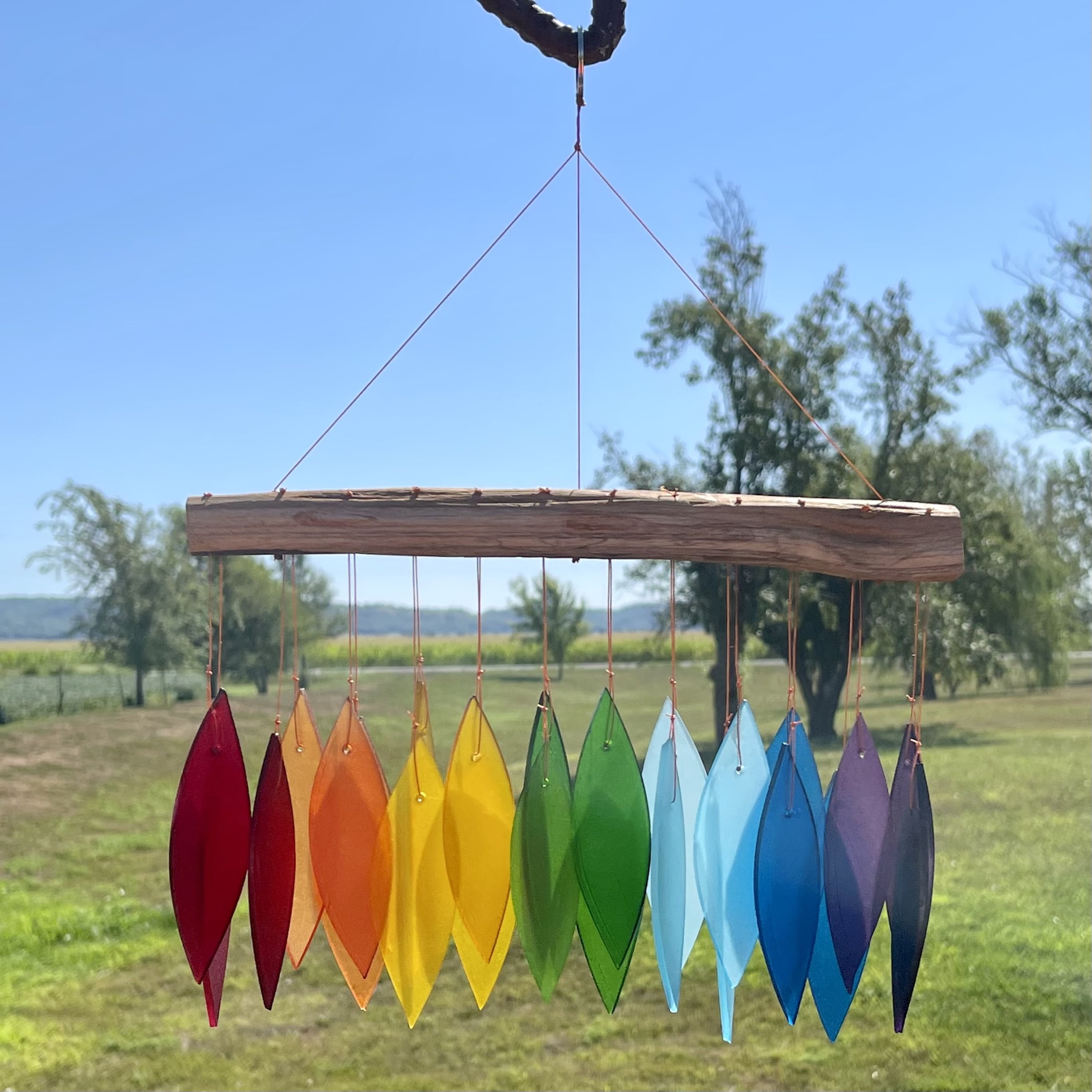 Blue Handworks Rainbow Glass Chime, Sandblasted Glass and Found Wood Handcrafted Wind Chime