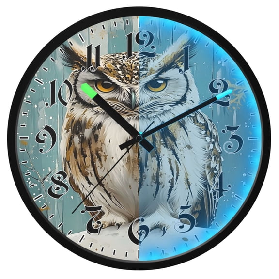 Ryvnso Owl on Wood 12 Inch Night Light Wall Clock Luminous Silent Battery Operate Clocks