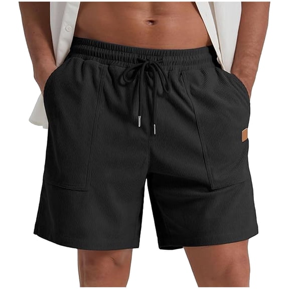Dagegui Casual Shorts for Men Corduroy Elastic Waist Drawstring Shorts Solid Color Summer Beach Vacation Short Pants with Pocket Black M
