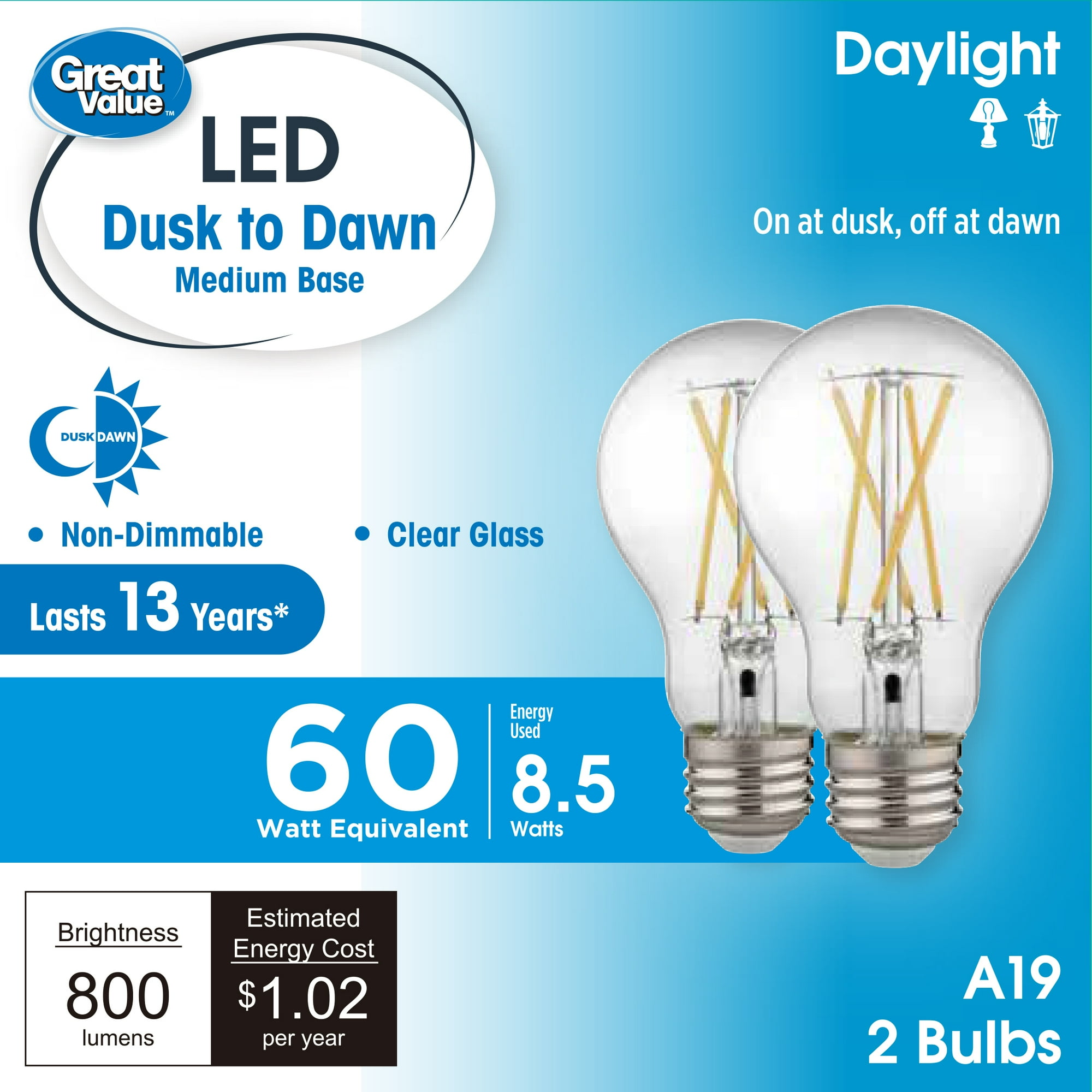 Great Value A19 Dusk to Dawn Auto On/Off LED Light Bulb, 8.5W (60W Equivalent), E26 Base, Daylight, 2 Pack