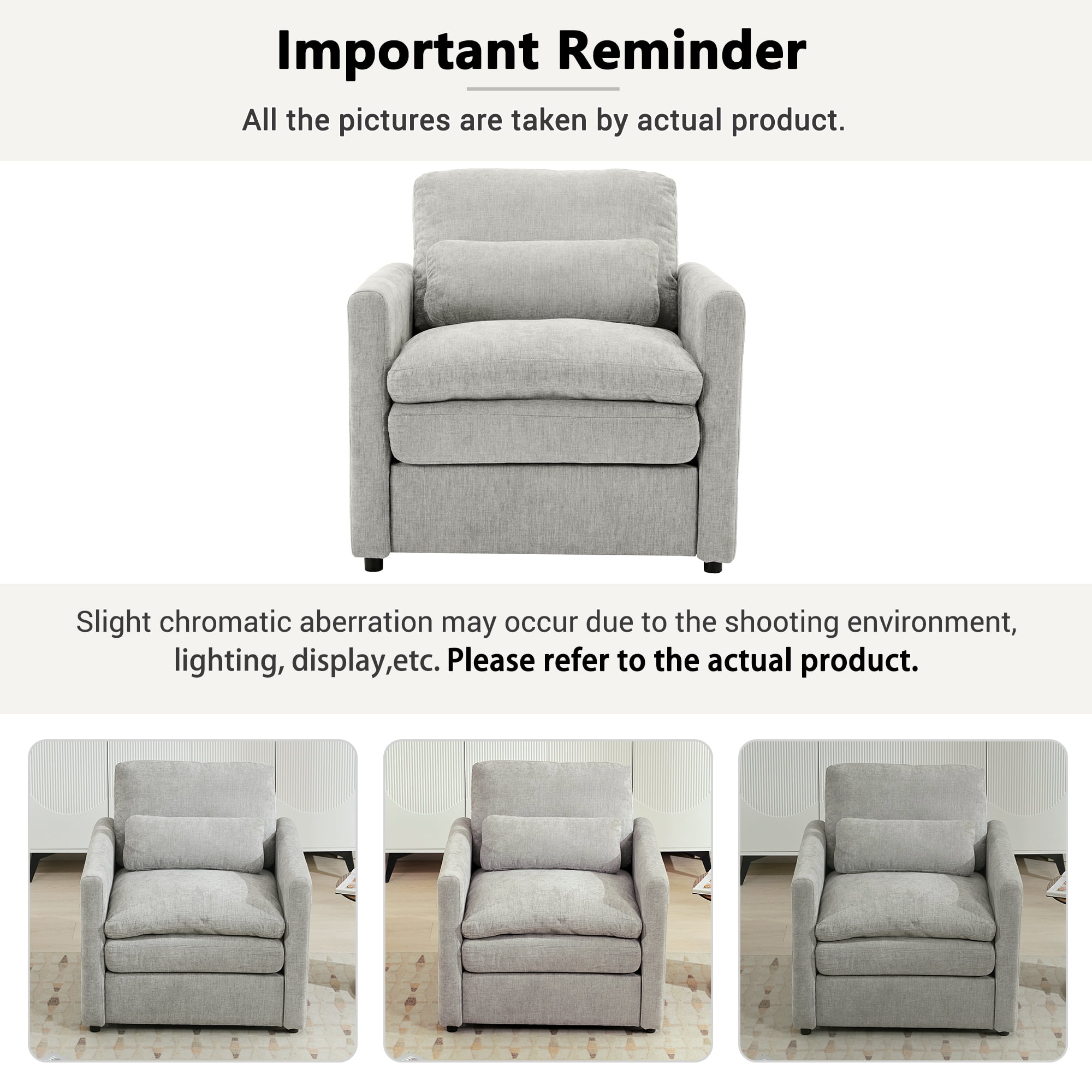 Euroco Modern Chenille Accent Armchair with Double-Layered Cushion, Detachable Lumbar Pillow & Ergonomic Armrests, Neutral Fabric Upholstery
