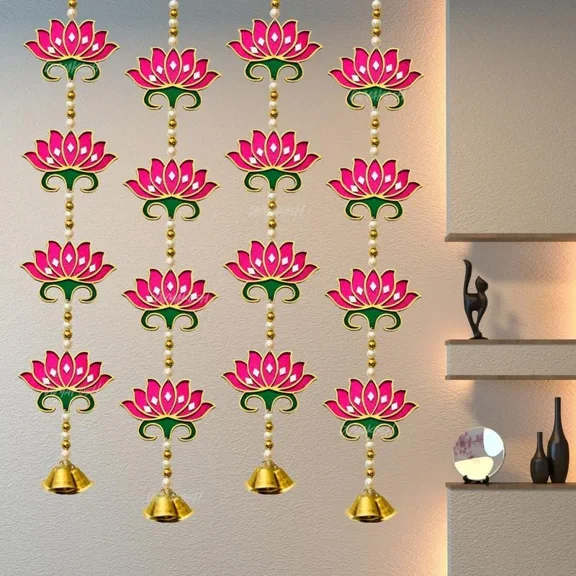 Door Hangings for Home Decoration | 4 Latkans, Pink, Size - 24 Inch Each| Temple Decoration Items, Pooja Decoration Items, Lotus with Bell Hanging Wall/Door Decoration for Home |