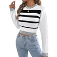 thumbnail image 2 of Women Casual Color Block Stripe Ribbed Crew Neck Slim Cropped Long Sleeve Knit Pullover Sweater White S, 2 of 10