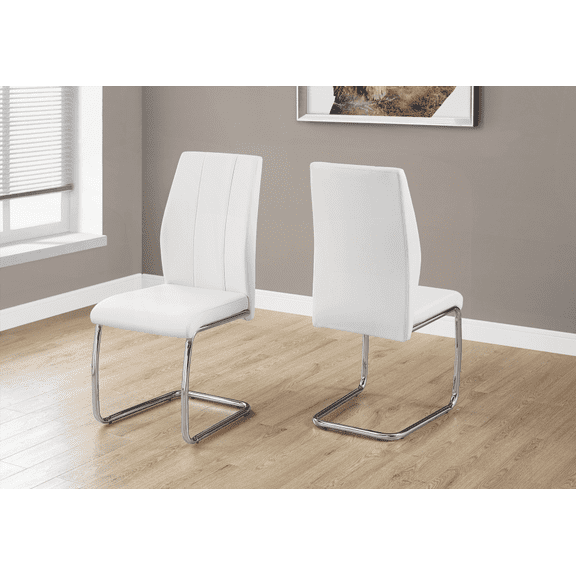 Set of 2 Dining Chairs - Modern White Leather with Chrome Metal, 39" Height