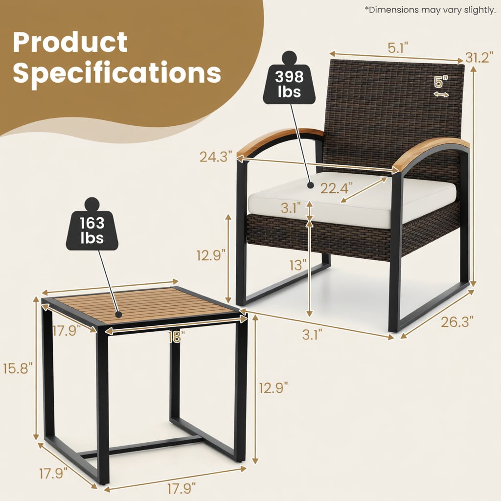 Hommoo 3-Piece Outdoor Patio Conversation Set, Acacia Wood Armrests & Tabletop, PE Rattan Chairs with Cushions, Includes Square Coffee Table, White