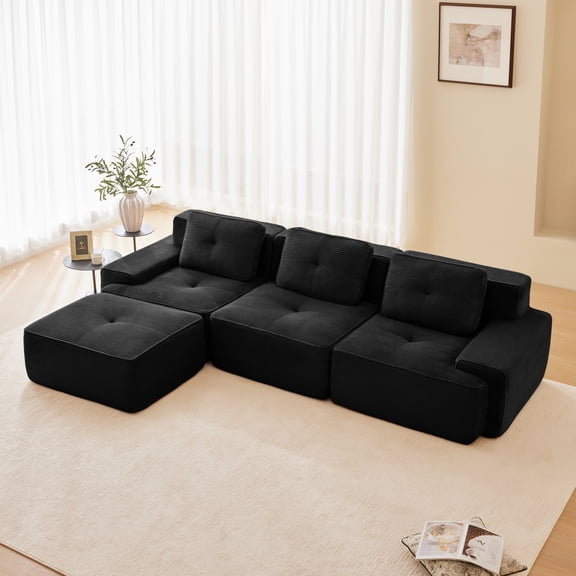 Yoneston 117" L-Shaped Modular Sectional Sofa 3 Seater Couch with Cushions and Ottoman, No Assembly Corduroy Sofa with Deep Seating for Living Room Bedroom Apartment, Black