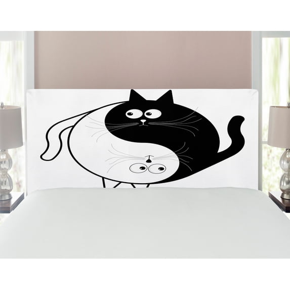 Ying Yang Headboard, Cats Cuddle Hugging Unity Ying Yang Sign Cartoon Animals Feng Shui, Upholstered Decorative Metal Bed Headboard with Memory Foam, Full Size, Black White, by Ambesonne