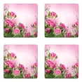 thumbnail image 1 of Flower Coaster Set of 4, Spring Season Time Roses Leaves and Buds Ombre Atmosphere Image, Square Hardboard Gloss Coasters, Standard Size, Pink and Green, by Ambesonne, 1 of 2