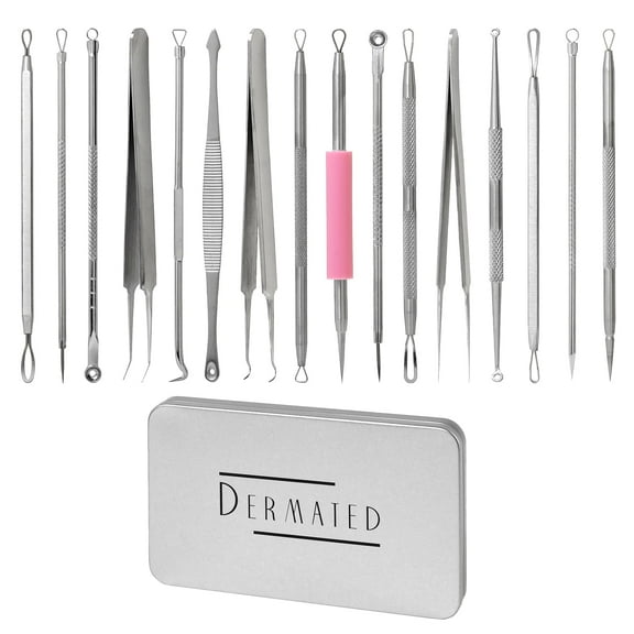 Blackhead Remover Tool Kit, 16-Piece Stainless Steel Pimple Extractor Set with Non-Slip Handles and Metal Storage Case