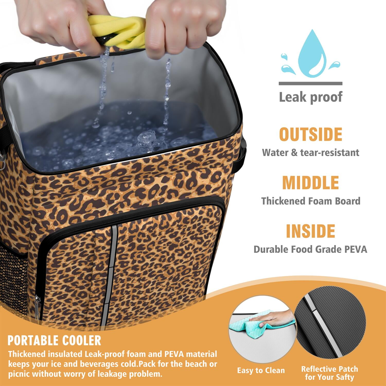 Travel Cooler Bag - Brown and Black Leopard Print Camping Beer Cooler Backpack with Bottle Opener- Waterproof Insulated Picnic Backpacks - Cooler Bag for Beach