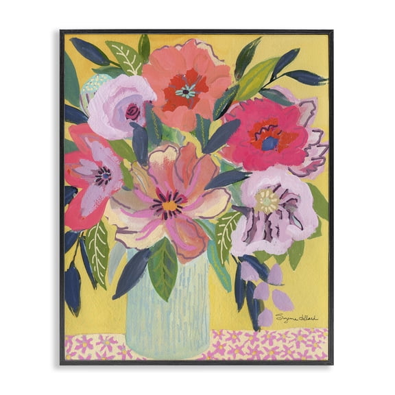 Stupell Industries Eclectic Vibrant Pink Bouquet on Yellow Black Framed Giclee Art, 11 x 14, by Suzanne Allard