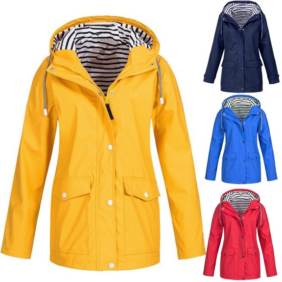 Joernso Women Solid Color Stripe Outdoor Windproof Waterproof Hooded Raincoat Rain Jacket
