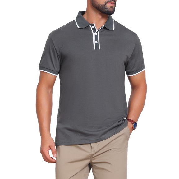 DARING DIVA Men's Contrast Trim Short Sleeve Button Closure Polo Shirts S Dark Gray