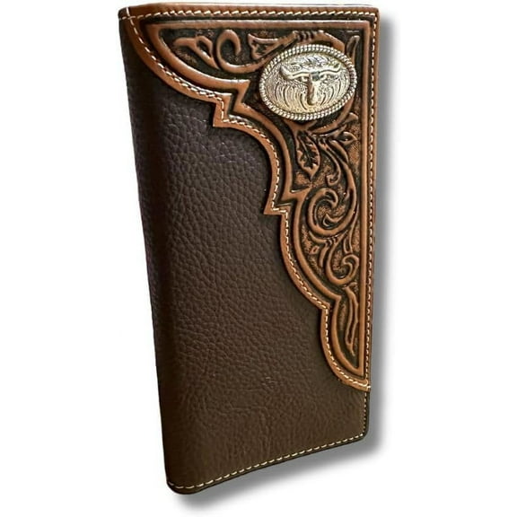 Mens Long Wallet Brown Coffee Leather Soft Leather Checkbook Style Cowboy High end Mens Wallets Leather Longhorn Concho Tooled Wallet