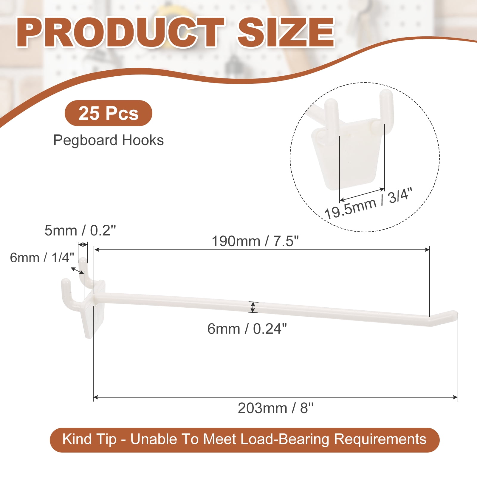 Uxcell Pegboard Hooks, (8 Inch, Milky White, Fit 1/4" Pegboard) (25 Pcs), ABS Plastic Peg Board Utility Hook Hanger Wall Storage Organizer, Suit for - Garage/Office/Home/Shop