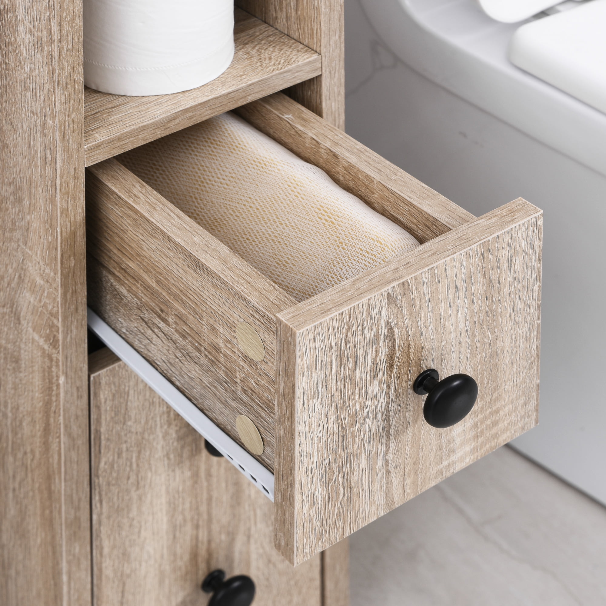 HOQBN Freestanding Compact Design Bathroom Cabinet with 2 Open Cabinets, 1 Door Cabinet, 1 Drawer and 4 Rolling Wheels, Oak