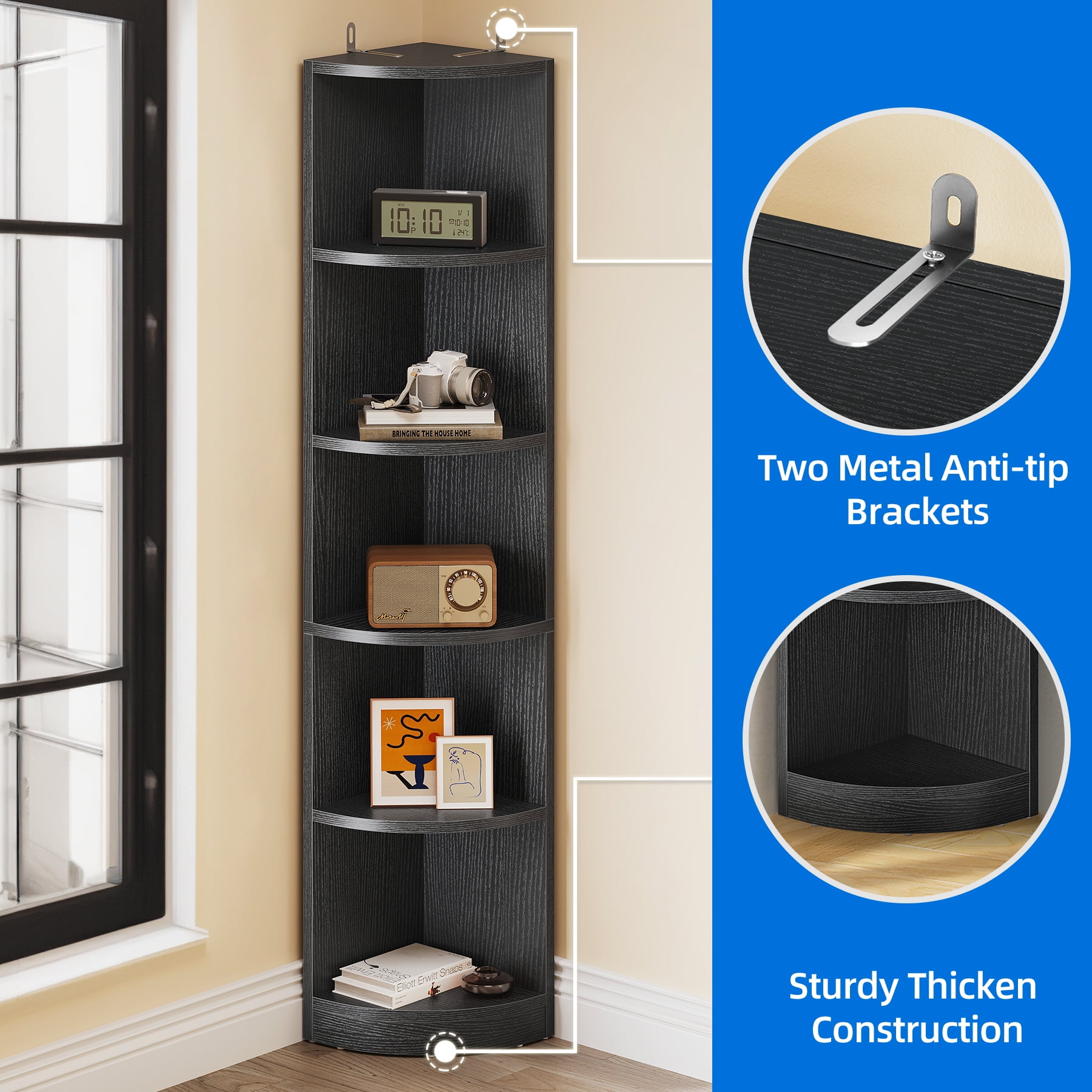 Dextrus 6-Tier Corner Shelf, 68.8 Tall Modern Free Standing Zigzag Corner Bookshelf for Living Room, Home Office,Black
