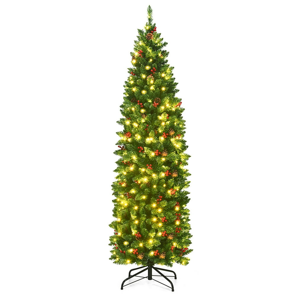 Costway 6.5Ft Prelit Hinged Pencil Christmas Tree w/Pine Cones Red